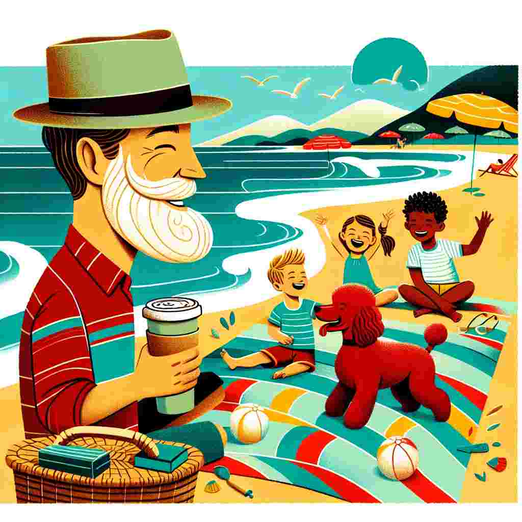 Create a charming vector styled illustration for Father's Day located next to the calming waves of a beach. A bearded man is implied by a neatly perched hat and a half-consumed latte, which rests next to a vivid beach mat. On this mat, two boys and a girl, all of diverse descents, are laughing and playing with a bouncy red poodle, their laughter harmonizing with the serene sounds of the ocean. Every element, from the spirited poodle to the comfortable beach setting, forms a warm scene celebrating fatherhood.
Generated with these themes: Bearded man, 2 boys, A girl, Red poodle, Cap , Latte , and Seaside.
Made with ❤️ by AI.