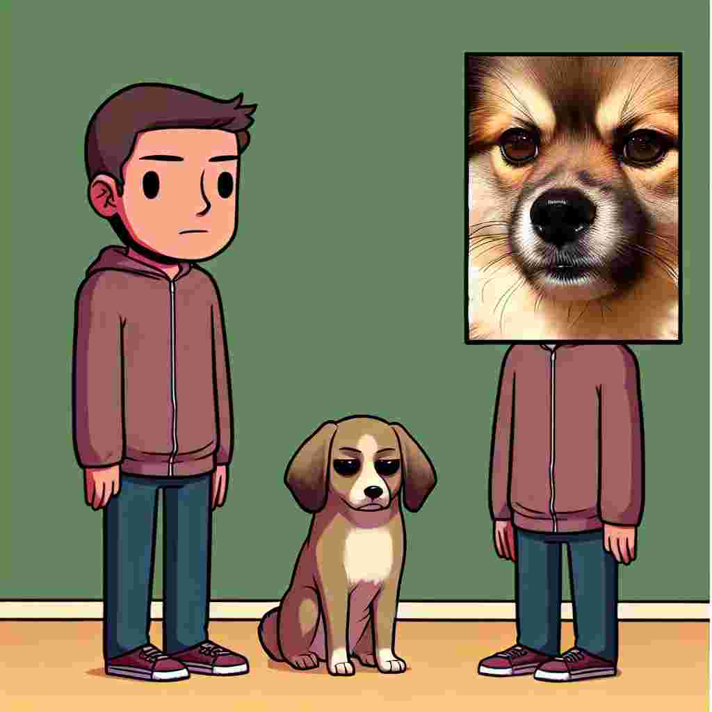 Generate a cartoon scene with a unique, charming, and indescribable creature standing side by side with a Caucasian adult, who appears to be delivering an apology. In the same scene, portray a standard-sized dog with a deep brown coat, its eyes tightly closed, so its eye color remains unidentifiable.
.
Made with ❤️ by AI.