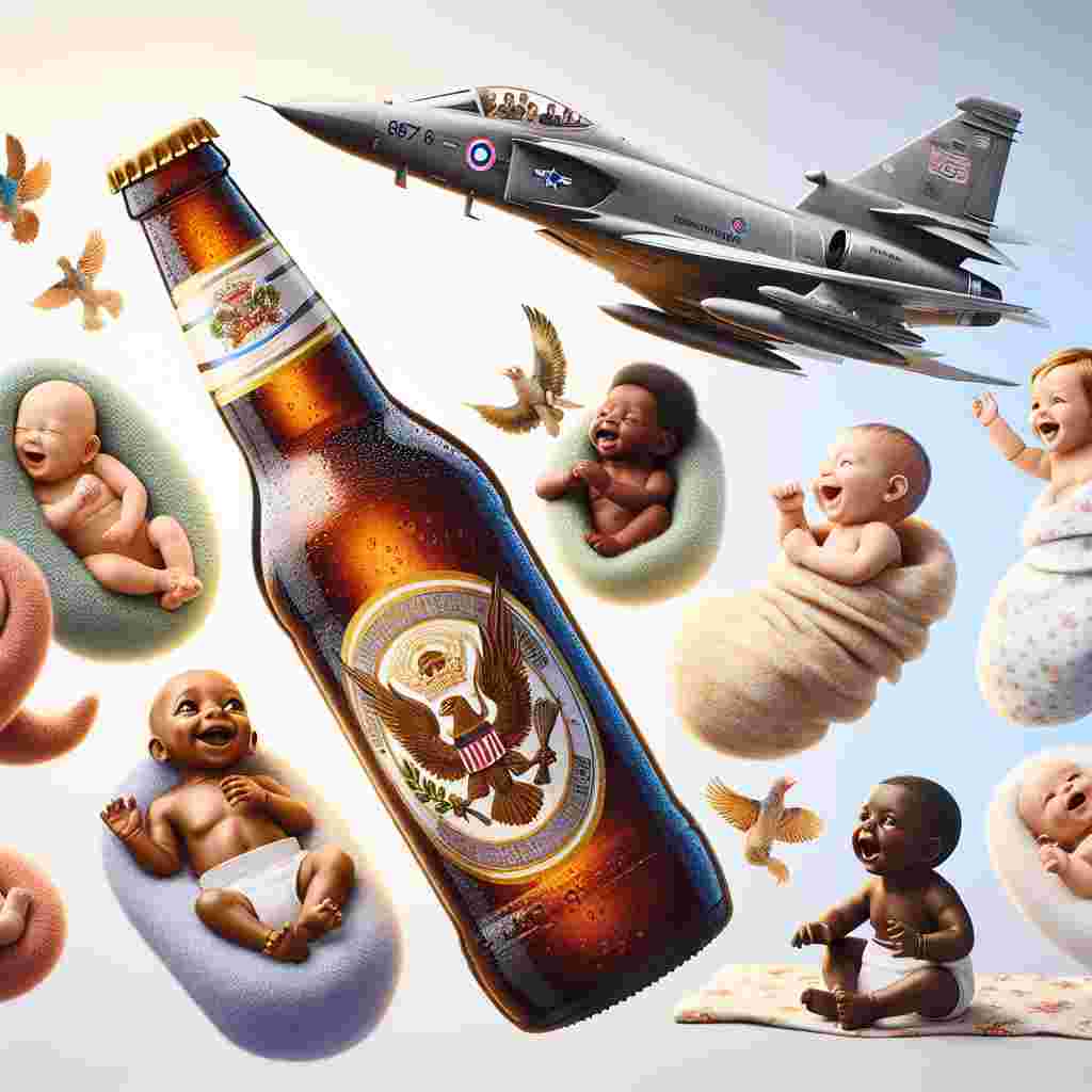 Picture a heartwarming and detailed scene showing a shiny, photorealistic beer bottle functioning as a joyful announcement of a newborn. Floating gracefully overhead is a Falcon 900 aircraft, so detailed you can see its military insignia, symbolizing safeguarding and a bright future. Underneath this, there's a group of charming, lifelike babies of different descents such as Hispanic, Black, Middle-Eastern, and White. They are playfully interacting with one another, laughing, and swaddled in soft blankets decorated with subtle motifs of a historical crest, representing innocence and a fresh start.
Generated with these themes: Beer, Falcon 900, Babies , and Royal airforce .
Made with ❤️ by AI.