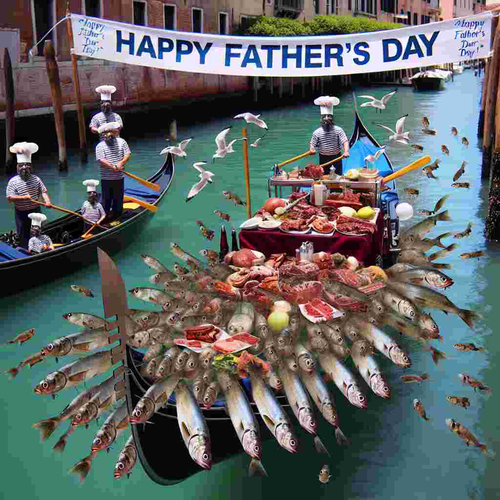 Imagine a bustling canal in Venice, filled with a family of fish each equipped with tiny snorkels. They are curiously approaching a gondola draped with a 'Happy Father's Day' banner. The gondola bears a unique assortment of various types of meats, giving an illusion of a floating BBQ buffet. This hilarious sight is made even more amusing with the presence of local seagulls, donned in chef hats, hovering overhead, seemingly eager to partake in this unexpected feast.
Generated with these themes: Snorkeling, Meat, and Venice.
Made with ❤️ by AI.