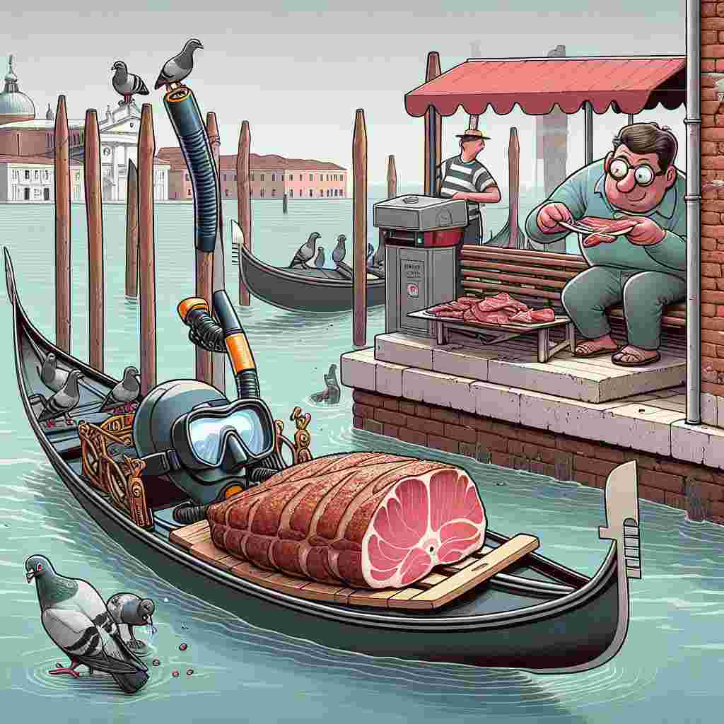 A humorous cartoon scene designed for Father's Day is set in the renowned waterways of Venice. The center of attention is a set of snorkeling equipment – mask, snorkel, and fins – amusingly arranged on a gondola, but no gondolier is visible, hinting at a possible underwater exploration by a parental figure. Adding a layer of humor, pigeons are shown pecking at an exaggeratedly large piece of meat carelessly left on a Vaporetto stop in the background, playfully challenging the typical BBQ stereotypes associated with fathers.
Generated with these themes: Snorkeling, Meat, and Venice.
Made with ❤️ by AI.