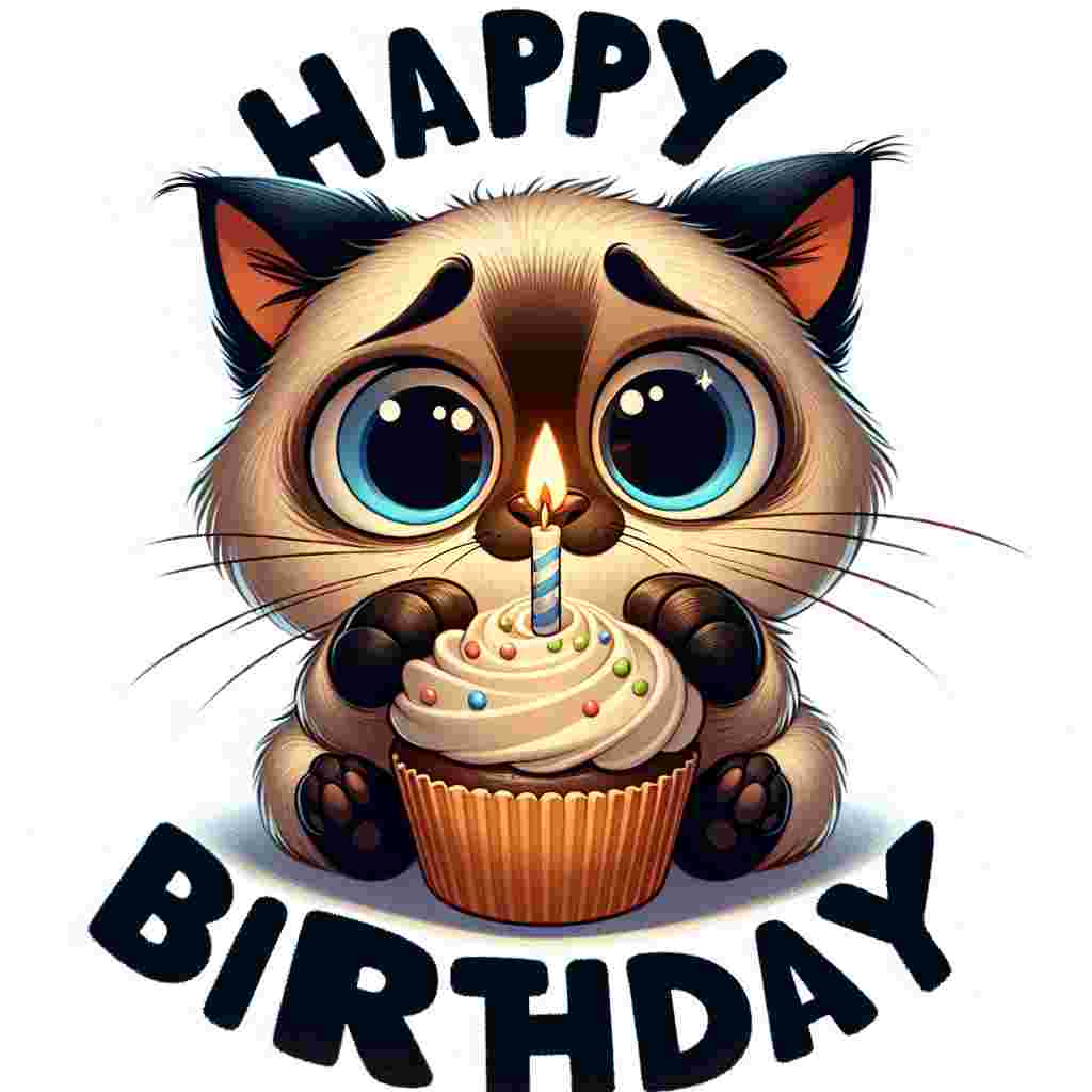 A cartoonish Siamese cat with big, innocent eyes holds a cupcake in its paws, a tiny candle flickering on top. The scene is framed by 'Happy Birthday' in chunky, colorful font that matches the festive mood of the illustration.
Generated with these themes: Siamese Birthday Cards.
Made with ❤️ by AI.