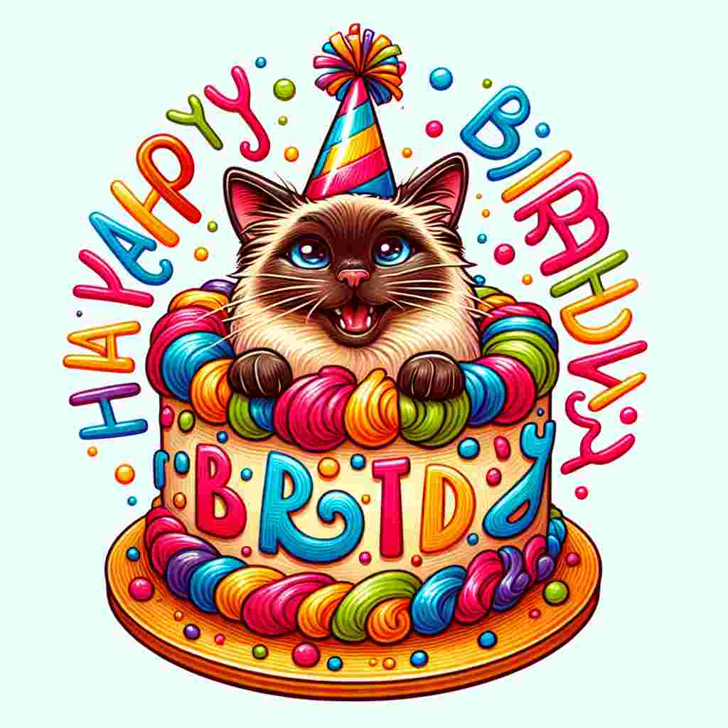 A vibrant illustration shows a party-hat-wearing Siamese cat popping out of a colorful birthday cake with 'Happy Birthday' written in cheerful, curly font across the top.
Generated with these themes: Siamese Birthday Cards.
Made with ❤️ by AI.