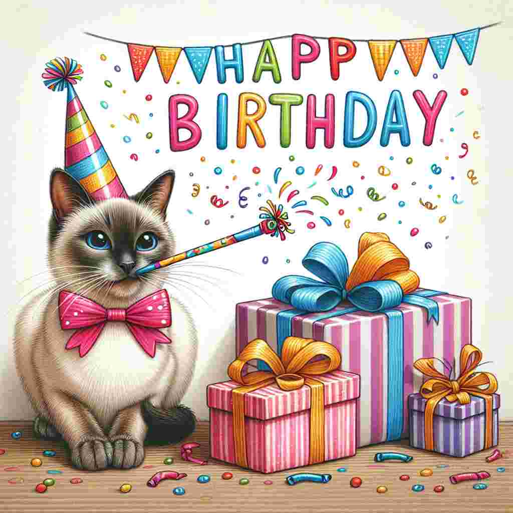 An adorable Siamese cat wearing a birthday sash sits beside a pile of gifts, a small party blower in its mouth. Above, 'Happy Birthday' is scrawled in fun, playful letters, with confetti sprinkling down.
Generated with these themes: Siamese Birthday Cards.
Made with ❤️ by AI.