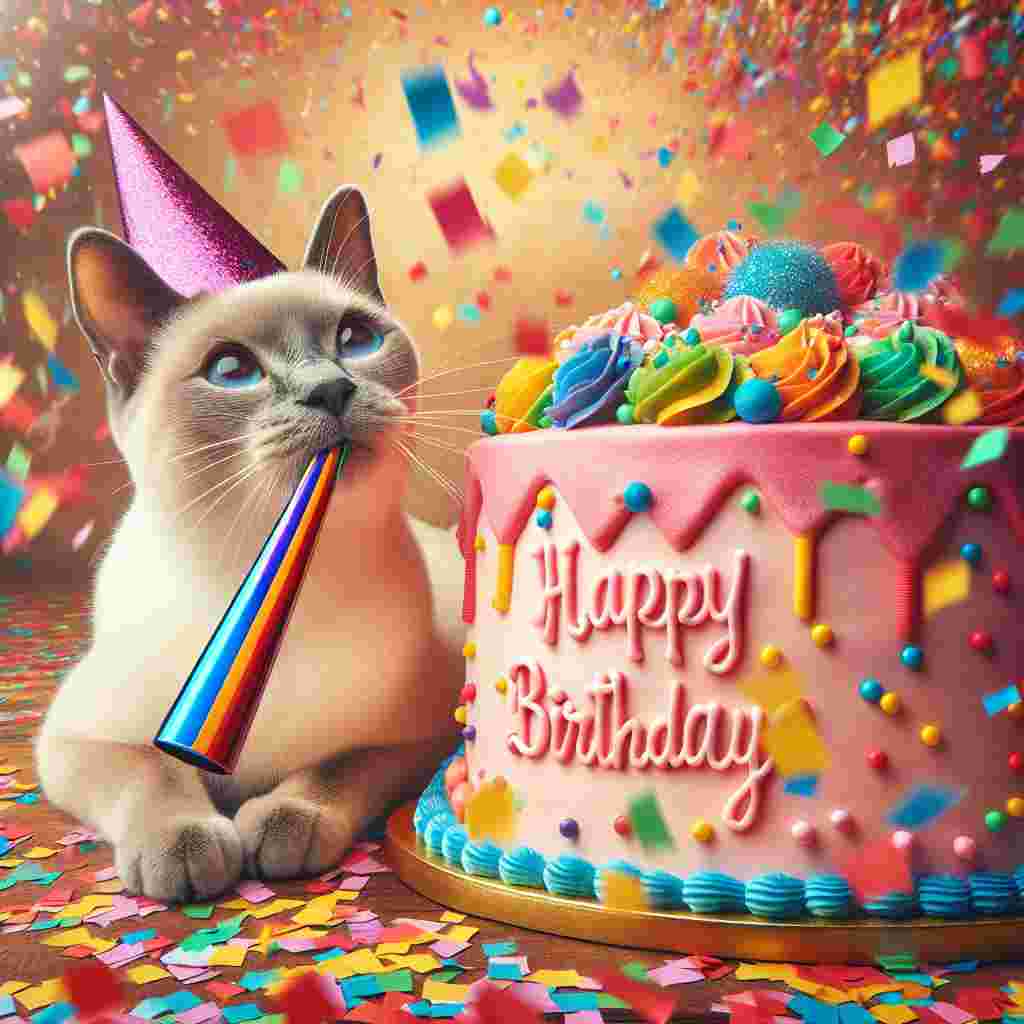 The front of the birthday card shows a playful Tonkinese cat with a festive party whistle in its mouth, surrounded by confetti. The cat sits next to a large birthday cake with 'Happy Birthday' iced on top in colorful letters, capturing the joyous celebration atmosphere.
Generated with these themes: Tonkinese Birthday Cards.
Made with ❤️ by AI.
