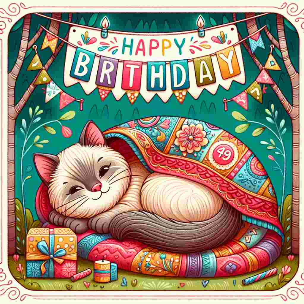 This birthday card presents a tender scene where a serene Tonkinese cat is snuggled up in a cozy blanket that's adorned with birthday motifs. The cat smiles contently while a banner that says 'Happy Birthday' hangs above, draped between two cartoonish trees.
Generated with these themes: Tonkinese Birthday Cards.
Made with ❤️ by AI.