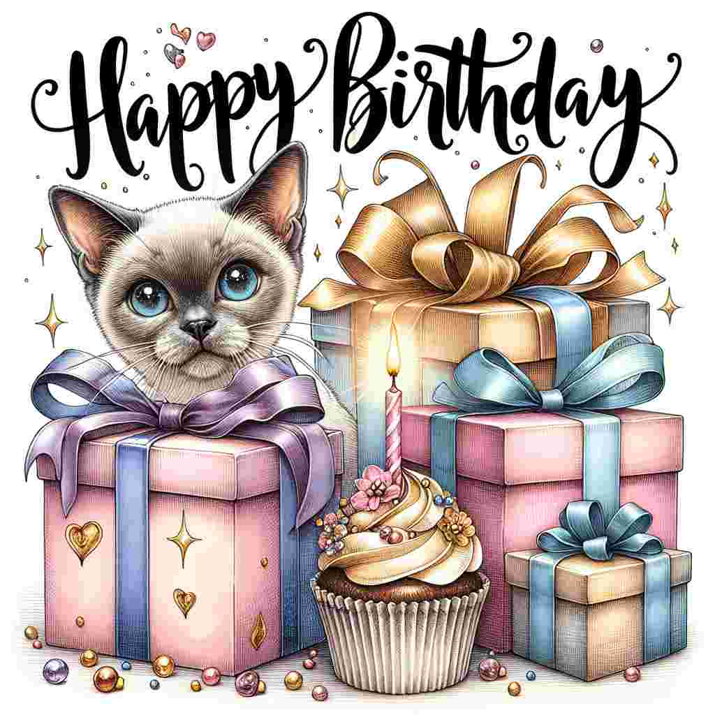 A cute illustration depicts a Tonkinese cat with big, curious eyes, peeking out from behind a pile of brightly wrapped gifts. Beside the cat, a cupcake with a single candle is placed. Overhead, the scene is completed with the words 'Happy Birthday' in a whimsical, cursive font, adding a touch of elegance.
Generated with these themes: Tonkinese Birthday Cards.
Made with ❤️ by AI.