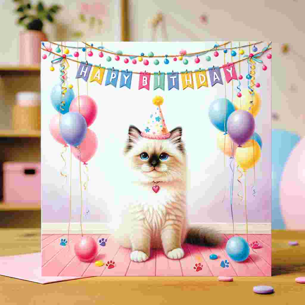 A warm and cheerful birthday card, prominently featuring an adorable Tonkinese cat wearing a tiny birthday hat. It sits in the center of a colorful room decorated with balloons and streamers. Above the cat, the text 'Happy Birthday' is written in playful, bold letters surrounded by tiny paw prints.
Generated with these themes: Tonkinese Birthday Cards.
Made with ❤️ by AI.