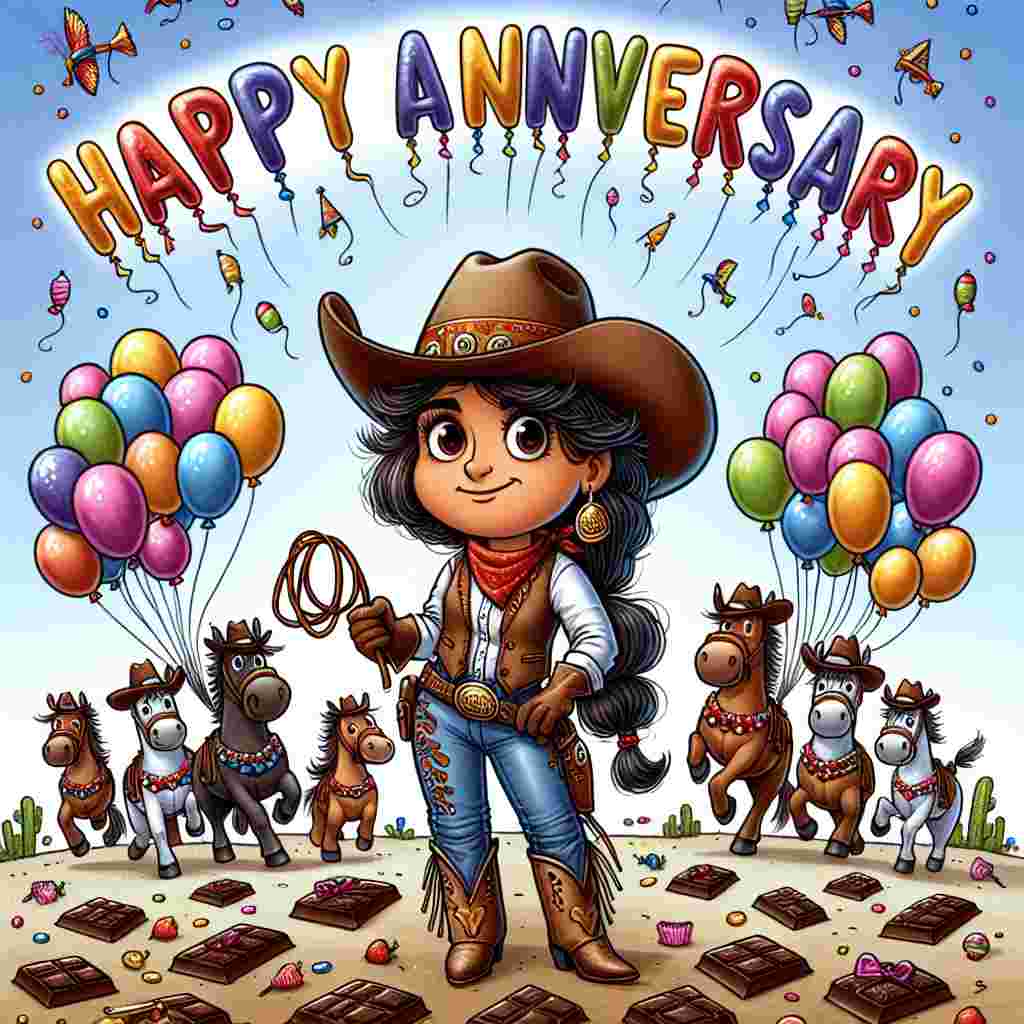A playful cartoon celebrating an anniversary shows a cowgirl of Hispanic descent, standing with one hand on her hip and a lasso in the other. She is surrounded by a whimsical band of horses wearing party hats. The ground is covered with chocolate bars, while the sky displays 'Happy Anniversary' using a multitude of colourful balloons or kites arranged to make each letter, adding an amusing twist to the scene.
Generated with these themes: Cowgirl, Chocolate , Horses, and Dildos.
Made with ❤️ by AI.