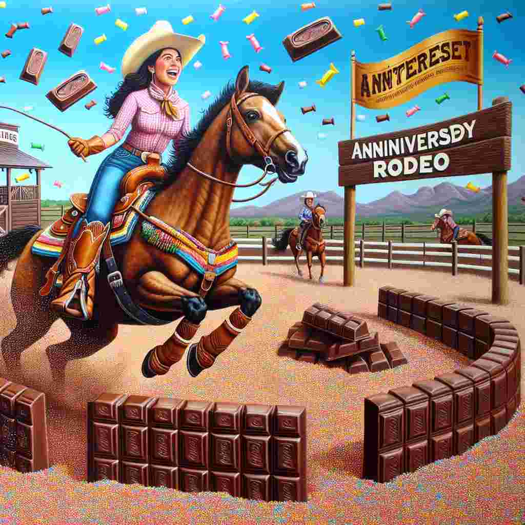 Depict a scene at a chocolate-themed ranch. Show an ecstatic Hispanic cowgirl wearing traditional western attire, including boots, riding a horse around a track. Instead of conventional obstacles, use chocolate bars arranged in an amusing manner. The sky showers down colorful confetti made of chocolate shavings, adding a festive element to the scene. A banner in the background proclaims 'Anniversary Rodeo', blending the rustic charm with playful humor.
Generated with these themes: Cowgirl, Chocolate , Horses, and Dildos.
Made with ❤️ by AI.