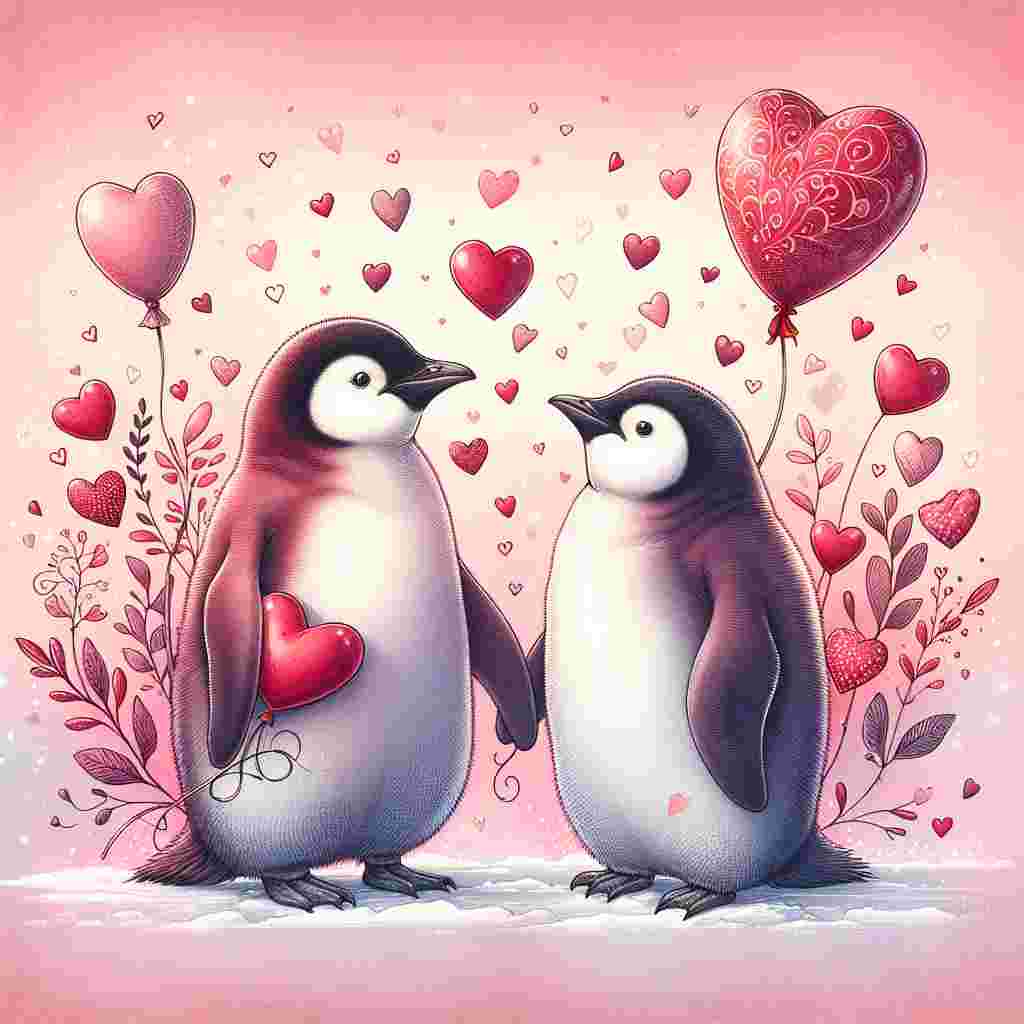 Create a detailed illustration of two endearing penguins standing side by side, their flippers affectionately clasped together. Around them, a whimsical flurry of red and pink hearts swirl in the air, adding a festive and vibrant touch to the scene. Set against a background painted in soft shades of rosy pink that invokes the warm feeling of Valentine's Day. The penguins are depicted with heart-shaped balloons attached to their flippers, further accentuating the atmosphere of love and camaraderie.
Generated with these themes: Penguins, and Hearts.
Made with ❤️ by AI.