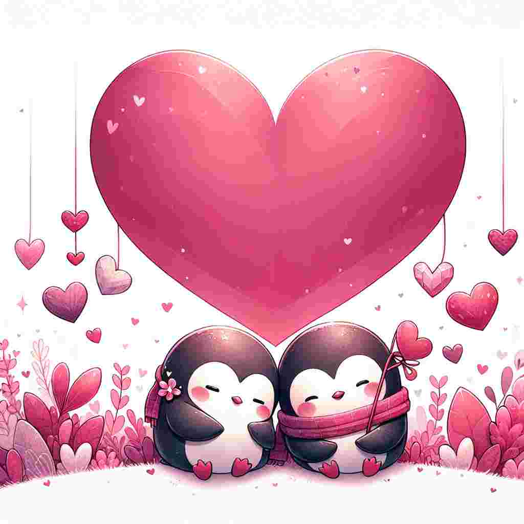 Create a tender image of two adorable penguins comfortably nestled together in a field of hearts of different sizes and hues of pink and red. They are surrounded by a single, large heart that elegantly encapsulates them, depicting their close ties. Elements of Valentine's Day are subtly incorporated into the scene with the penguins holding a string of paper hearts that dangles elegantly above them, constituting a romantic scene.
Generated with these themes: Penguins, and Hearts.
Made with ❤️ by AI.