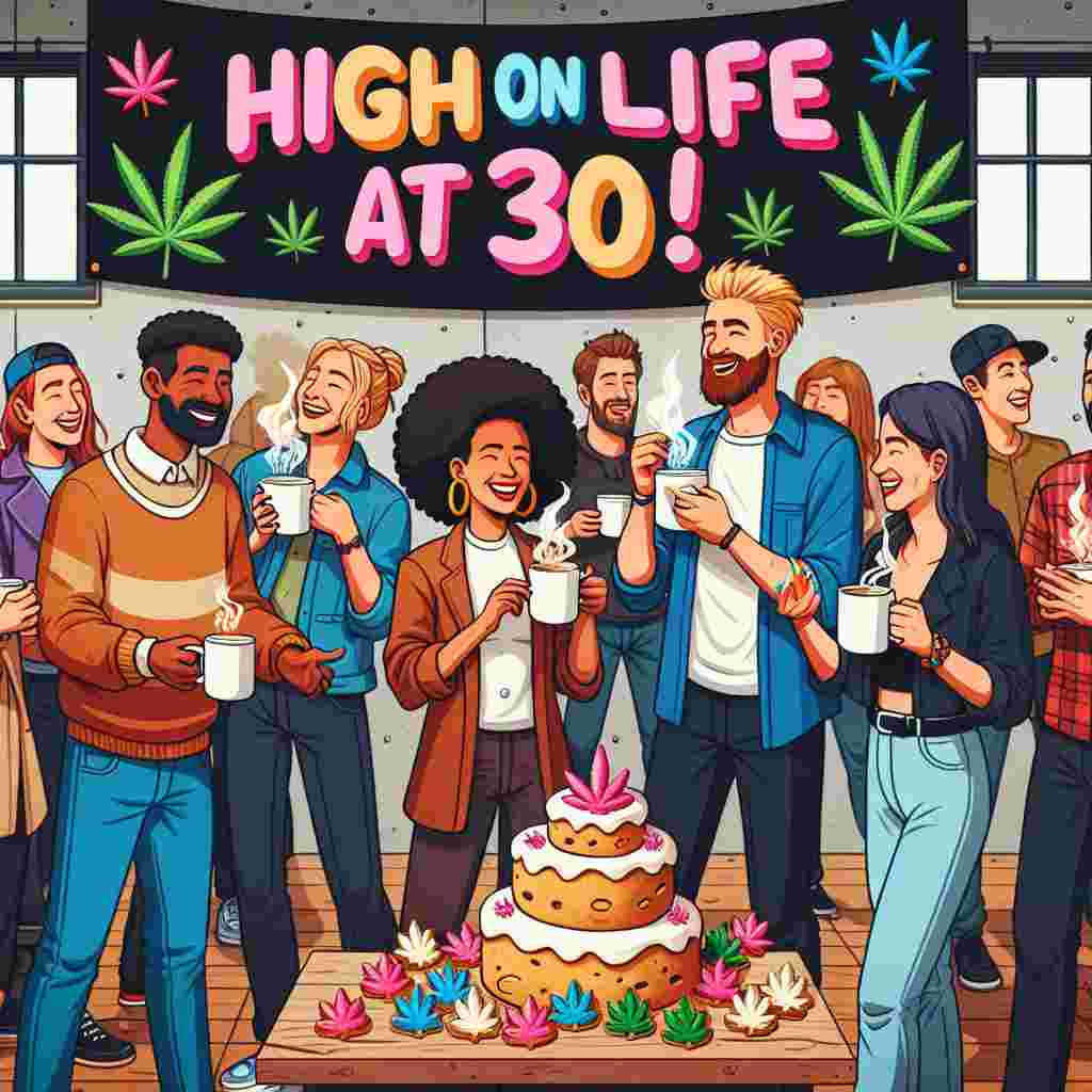 Design a lively birthday event with a massive, colorful banner stating 'High on Life at 30!'. Multicultural attendees are socializing, each person holding mugs of delicious-smelling coffee and humorous cookies in the shape of cannabis leaves. The room resonates with chuckles of delight as a few guests participate in a 'best latte art' contest, trying to fashion marijuana symbols with the froth of their coffee, adding to the amusement and the caffeine-induced energy in the space.
Generated with these themes: Weed, and Coffee.
Made with ❤️ by AI.
