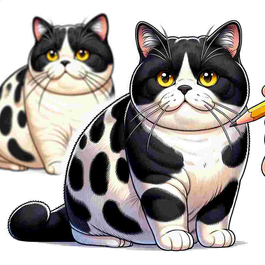 Create a detailed cartoon scene that features a well-nurtured Domestic Shorthair Cat as its centerpiece. The cat has a rounded physique suggestive of a well-care-for pet. Its fur is a fascinating blend of black and white patches that create a striking contrast. The cat's build is standard neither too bulky nor too thin. Its eyes are a captivating shade of yellow, round in shape and filled with a playful glimmer. This spark of mischief in its eyes truly brings vibrancy and life to the entire drawing.
.
Made with ❤️ by AI.