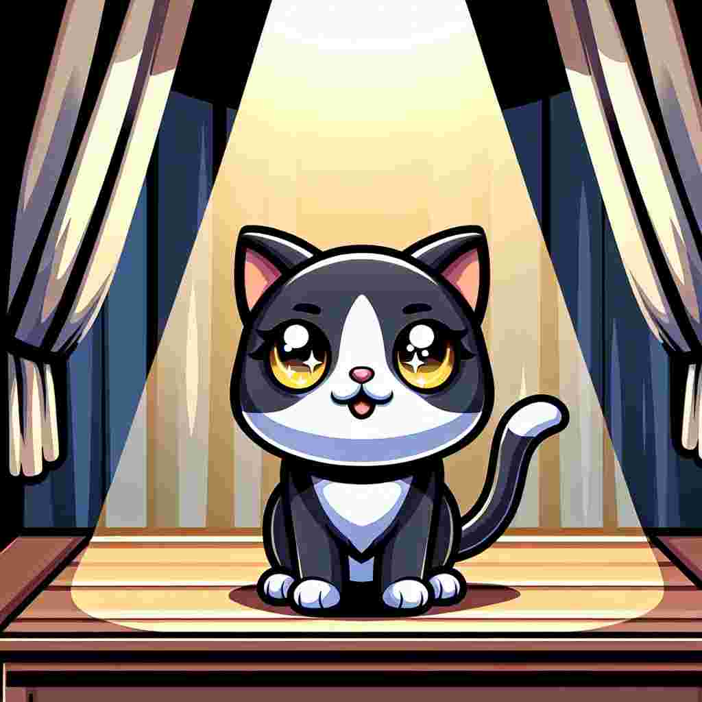 Create an illustration showing a charming cartoonish moment. It depicts an Adult Domestic Shorthair Cat on a stage. The cat has an average build, representing the essence of a typical household cat common in many homes. It has a neat and shiny black and white coat, which is an evident indication of the cat's frequent grooming activities. The cat's eyes shimmer like bright yellow orbs, looking out with an inquisitive playfulness, introducing an element of fun to the scene.
.
Made with ❤️ by AI.