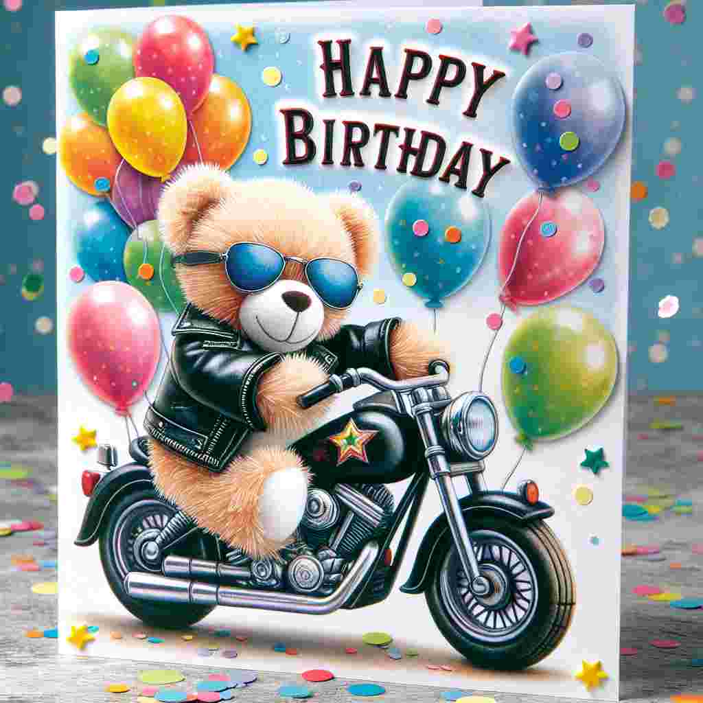 A charming birthday card illustration featuring a plush teddy bear wearing a leather jacket and sunglasses, seated on a miniature Harley Davidson motorcycle with balloons and confetti in the background. Above, the text 'Happy Birthday' is written in a bold, classic font.
Generated with these themes: harley davidson  .
Made with ❤️ by AI.