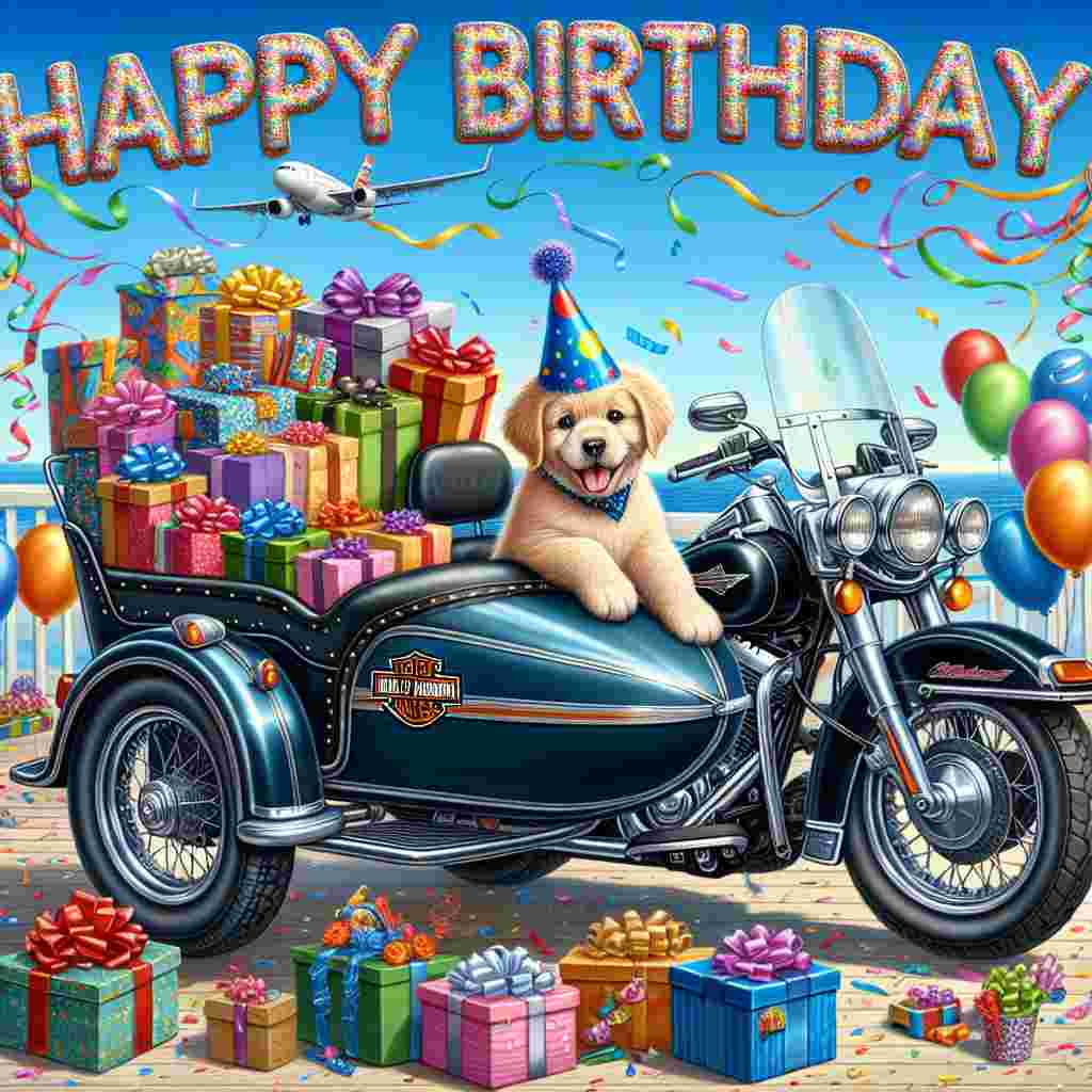 A delightful drawing depicts a Harley Davidson motorcycle with a sidecar filled with gifts and a cheerful puppy wearing a party hat. Streamers and confetti are scattered around, while 'Happy Birthday' is etched in the sky as if written by the trail of a passing airplane.
Generated with these themes: harley davidson  .
Made with ❤️ by AI.