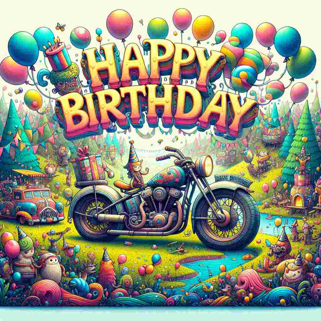 A cute illustration shows a whimsical landscape where a Harley Davidson with its engine shaped like a birthday present. Colorful banners and birthday balloons float around, and woodland creatures wearing biker gear are celebrating. The phrase 'Happy Birthday' is integrated into the scenery, written in a vibrant, festive typeface.
Generated with these themes: harley davidson  .
Made with ❤️ by AI.