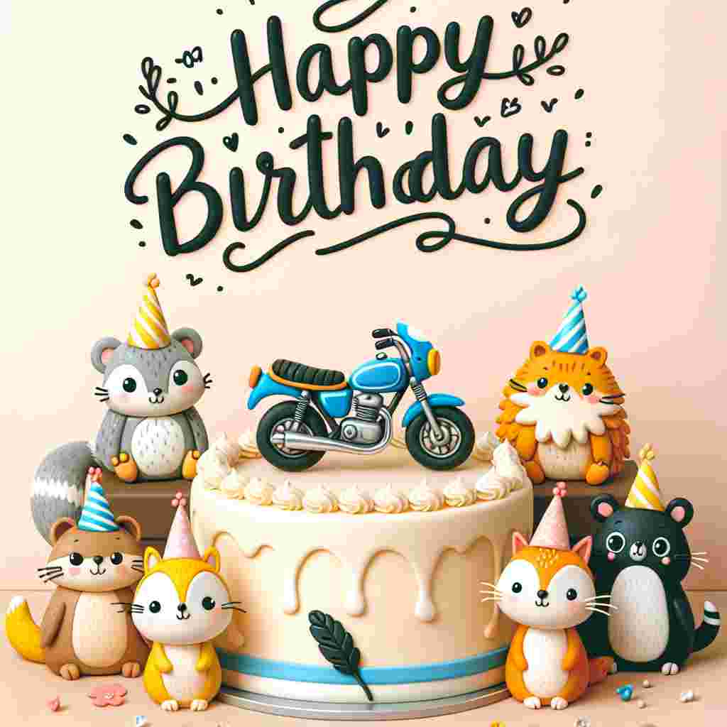 An adorable scene where a group of cartoon animals are gathered around a Harley Davidson-themed birthday cake, with a small fondant motorcycle on top. The animals are wearing party hats and the text 'Happy Birthday' is displayed in a playful, handwritten style at the top of the illustration.
Generated with these themes: harley davidson  .
Made with ❤️ by AI.