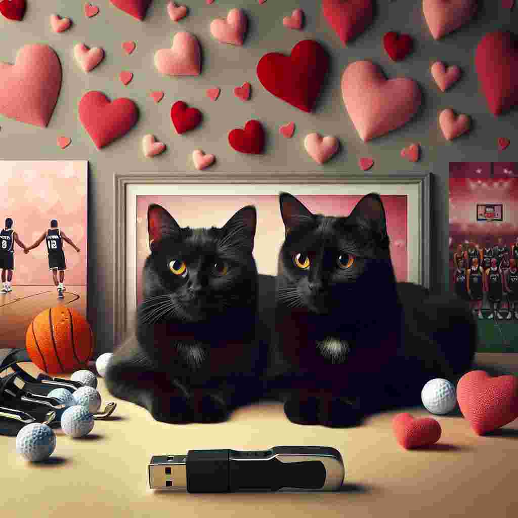 Create a romantic Valentine's Day theme with two endearing black cats contently sitting side by side. Their shiny fur in a striking contrast with the backdrop of heart-shaped decorations in soft shades of pink and red. Between the cats, envision a small data USB drive symbolizing modern-day connection. Expand this setting by including scenes of miniature golf clubs and balls scattered around, indicating a light-hearted game in between their peaceful purrs. On the wall, instead of a painting of Spurs, include a tastefully done illustration of a generic basketball team, adding to the overall sports enthusiasm amidst the romantic ambiance.
Generated with these themes: Two black cats, Data, Golf, and Spurs.
Made with ❤️ by AI.