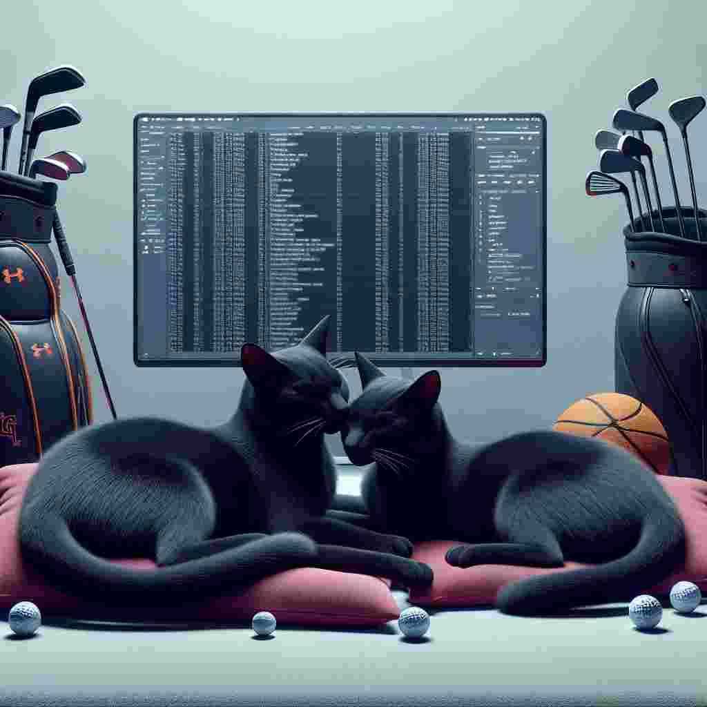 Imagine a highly detailed scene encapsulating the spirit of Valentine's Day, seen through the interaction of two black cats, deeply in love. They are resting together, their tails intertwined in a union of affection, against the backdrop of a computer screen filled with data. This suggests a modern, digital age romance. Nearby, there's golf equipment, including miniature clubs and balls, offsetting the high-tech tone and implying a day of outdoor leisure. The scene is garnished with basketball team-themed cushions on which the cats are nestled, subtly merging the passion for sport with the holiday's spirit.
Generated with these themes: Two black cats, Data, Golf, and Spurs.
Made with ❤️ by AI.