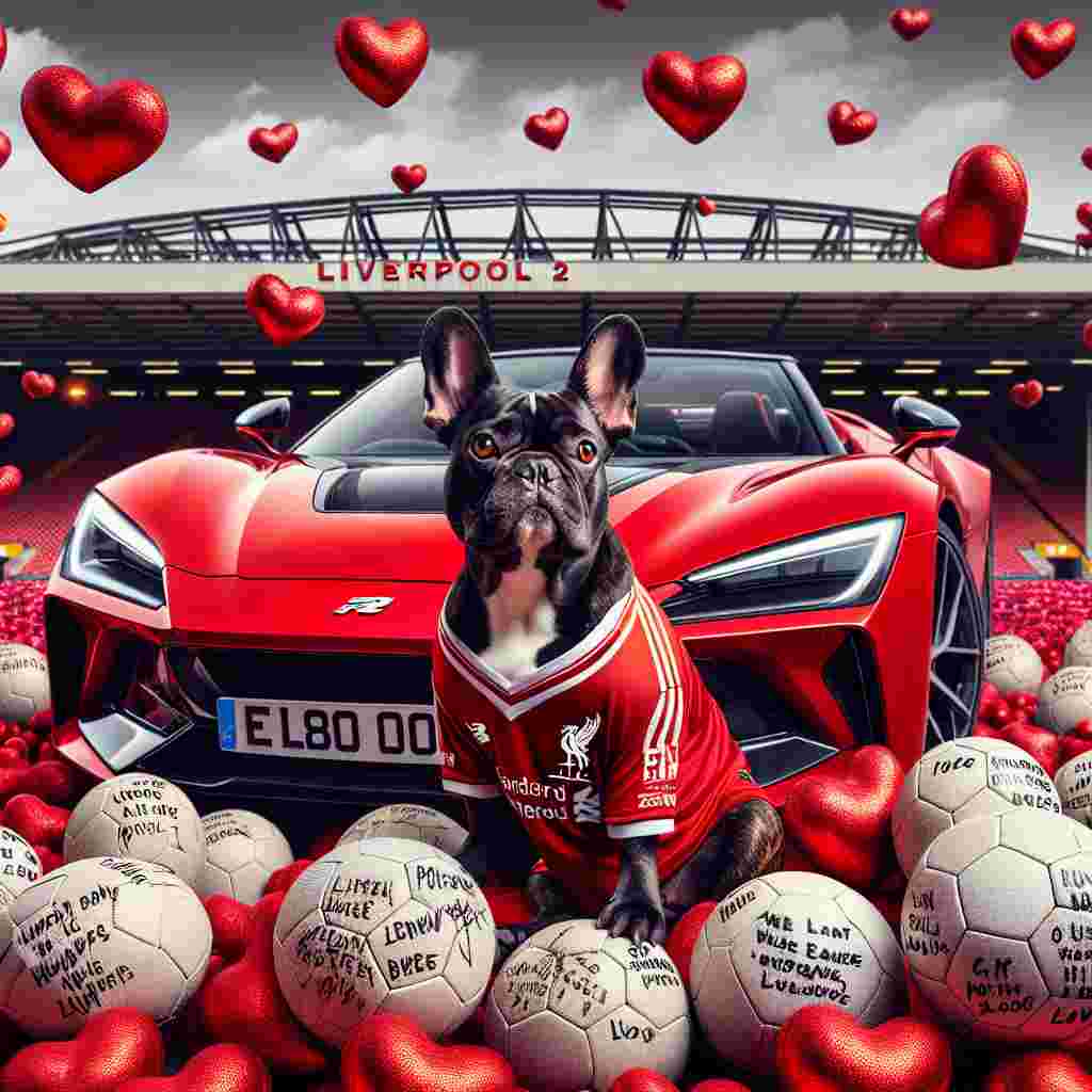 Imagine a charming Valentine's Day scene, complete with a black and tan French bulldog wearing a Liverpool football jersey, sitting majestically on a vivid red Polestar 2 car. The car is surrounded by a multitude of footballs, each bearing inscriptions and images from classic horror movies. Overhead, hearts hover symbolizing the romantic atmosphere of the day. To further set the scene, the Anfield stadium can be seen looming in the background - adding an unconventional touch to this otherwise romantic setting.
Generated with these themes: Black and tan French bulldog, Polestar 2 car, Liverpool, Football, and Horror films.
Made with ❤️ by AI.