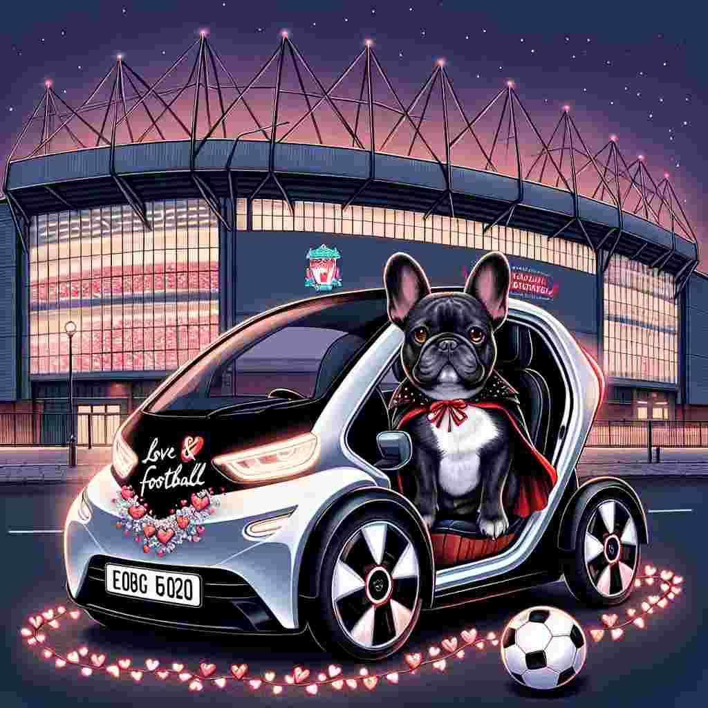 Illustrate a charming Valentine's Day scene. The main subject is a black and tan French bulldog, sitting adorably in the driver's seat of a sleek, modern electric car, which is parked outside a generic stadium, consistent with industrial design in Liverpool. The car is adorned with delicate hearts and a banner that proclaims 'Love & Football.' Adding a playful twist, the bulldog is wearing a vampire cape. The car's headlights are emitting a heart-shaped beam into the night sky, creating a unique blend of romance and spooky fun.
Generated with these themes: Black and tan French bulldog, Polestar 2 car, Liverpool, Football, and Horror films.
Made with ❤️ by AI.