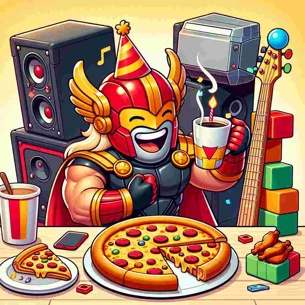 An amusing birthday-themed illustration showcasing a Red and gold armored superhero in a festive party hat, gleefully sipping coffee from a mug shaped like a mythical hammer from Norse mythology. He's surrounded by a table full of pizza slices with a side of spicy chicken wings. Nearby, a bass guitar rests against a stack of colorful interlocking plastic bricks, hinting at a playful jam session to come.
Generated with these themes: Ironman , Marvel , Coffee , Pizza and wings , Bass guitar , and Lego.
Made with ❤️ by AI.