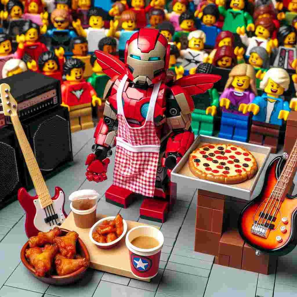 A red armored figure, donning a playful apron on top of his metallic suit, is serving pizza and chicken wings at a festive party. In the background, crowds of diverse, excited people cheer. A bass guitar, ornately decorated with interlocking plastic bricks, is in the scene. Sitting atop a stage constructed from similar bricks, a coffee cup bearing a superhero team logo garners attention.
Generated with these themes: Ironman , Marvel , Coffee , Pizza and wings , Bass guitar , and Lego.
Made with ❤️ by AI.