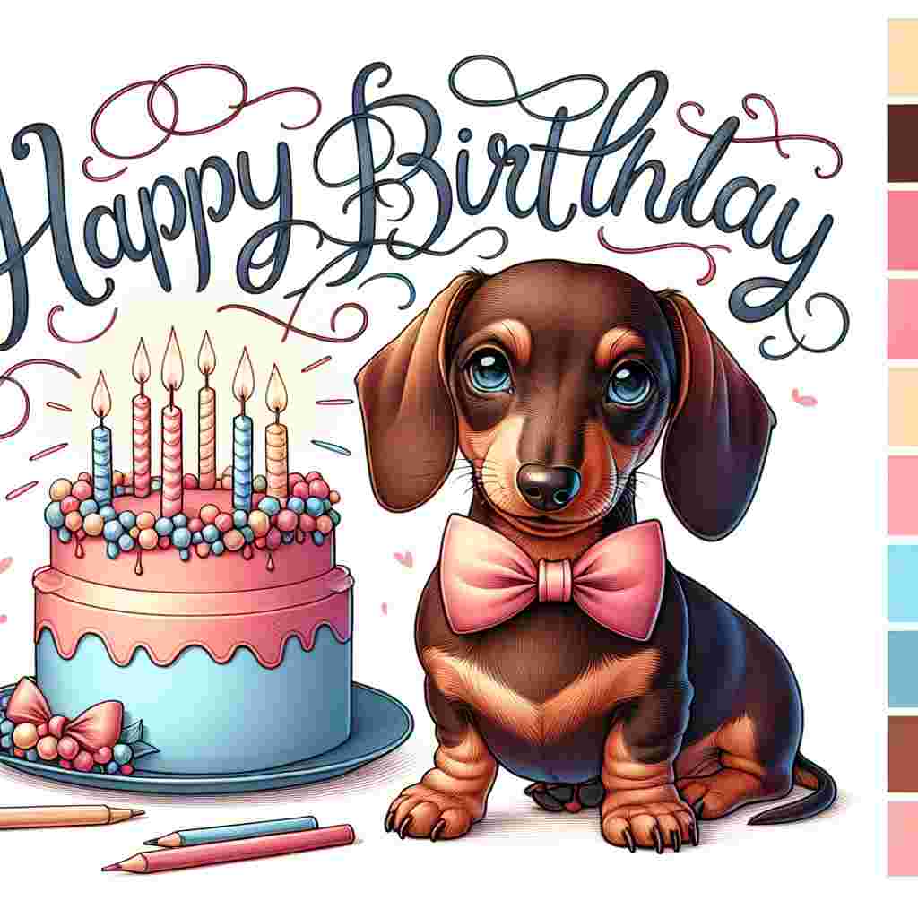 An adorable scene with a dachshund in the center wearing a tiny bow tie and a sweet smile. The background features a cake with candles and the words 'Happy Birthday' written in elegant cursive above. The pastel color palette enhances the cuteness of the illustration.
Generated with these themes: Dachshund  .
Made with ❤️ by AI.