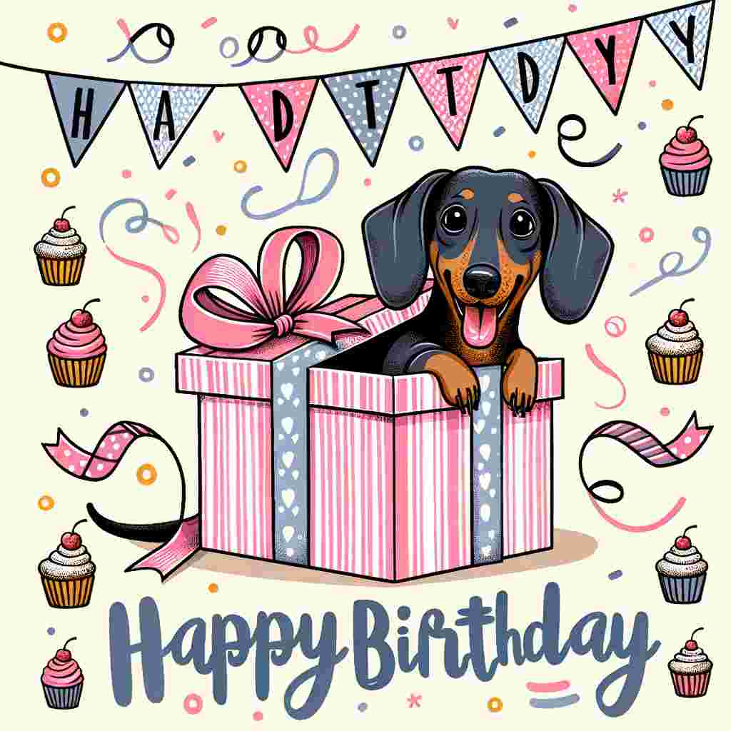 A heartwarming illustration where a dachshund is peeking out from behind a large present, its tail wagging excitedly. Party streamers and cupcake motifs decorate the corners of the design. The phrase 'Happy Birthday' is displayed prominently, incorporating playful fonts that match the dog's cheerful demeanor.
Generated with these themes: Dachshund  .
Made with ❤️ by AI.