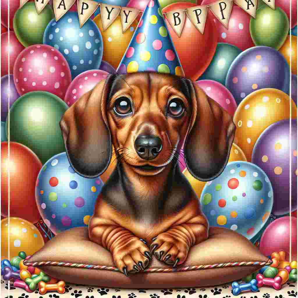 A cute dachshund with big, sparkling eyes sits atop a soft cushion surrounded by balloons and a banner that reads 'Happy Birthday.' The dog sports a festive party hat speckled with polka dots. The entire scene is enclosed within a border of paw prints and small bones, adding to the birthday theme.
Generated with these themes: Dachshund  .
Made with ❤️ by AI.