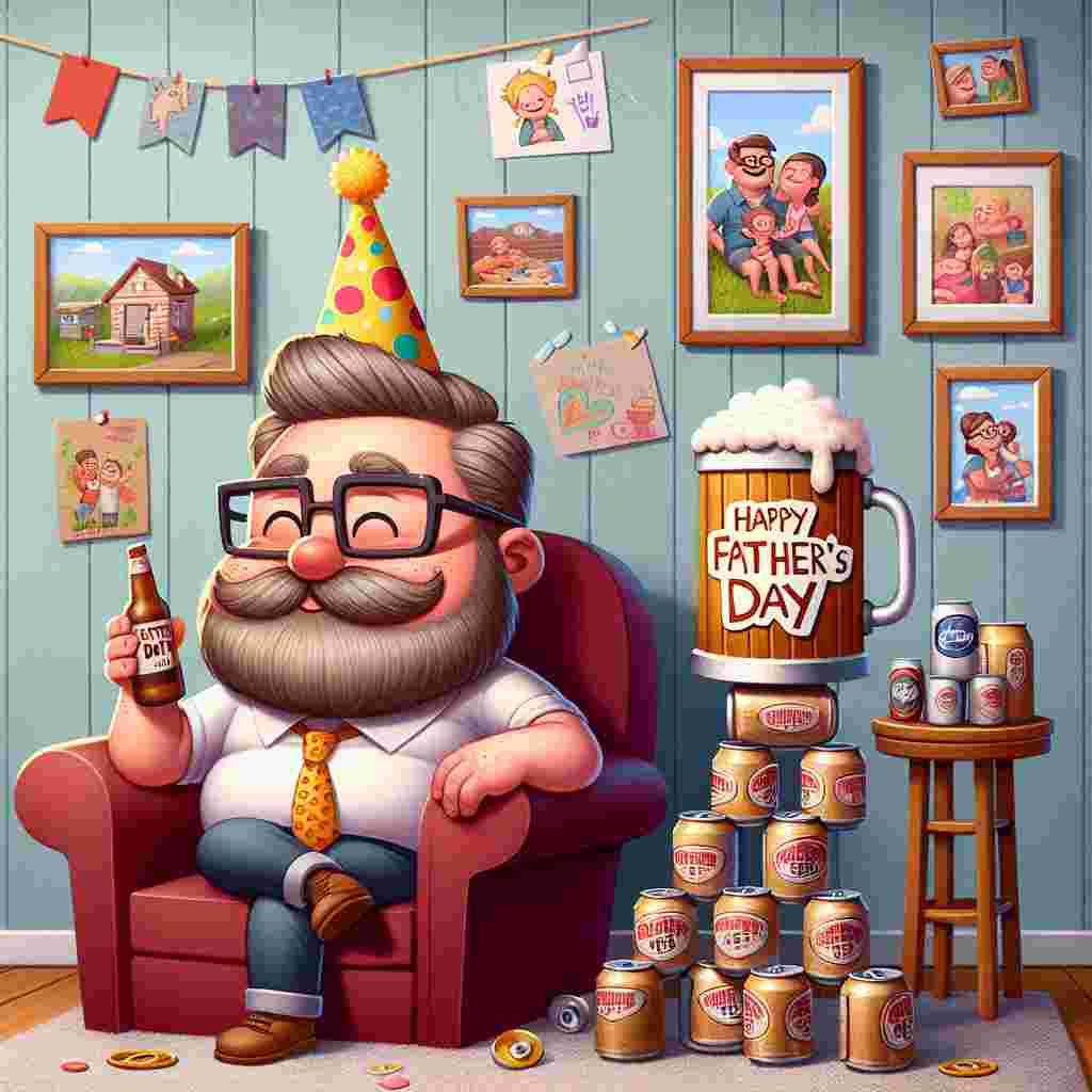 A whimsical environment set for Father's Day is depicted in a cartoon style. The scene includes a comfy armchair positioned next to a small table decorated with a mug that reads 'Happy Father's Day', brimming with foam-capped root beer. An interesting collection of beer cans is stacked to form a unique temporary side table. Wall decorations consist of framed photos capturing family vacations and children's doodles, contributing to a welcoming, reminiscent atmosphere. The central character is a chubby, balding cartoon man with spectacles, displaying a radiant smile. He possesses a stubble beard, giving a hint of rustic allure. Wearing a vibrant party hat, he is seated confidently atop the constructed beer can throne, exuding the ambiance of the celebration.
Generated with these themes: Fat balding man with glasses and stubble beard sitting on a pile of beer.
Made with ❤️ by AI.