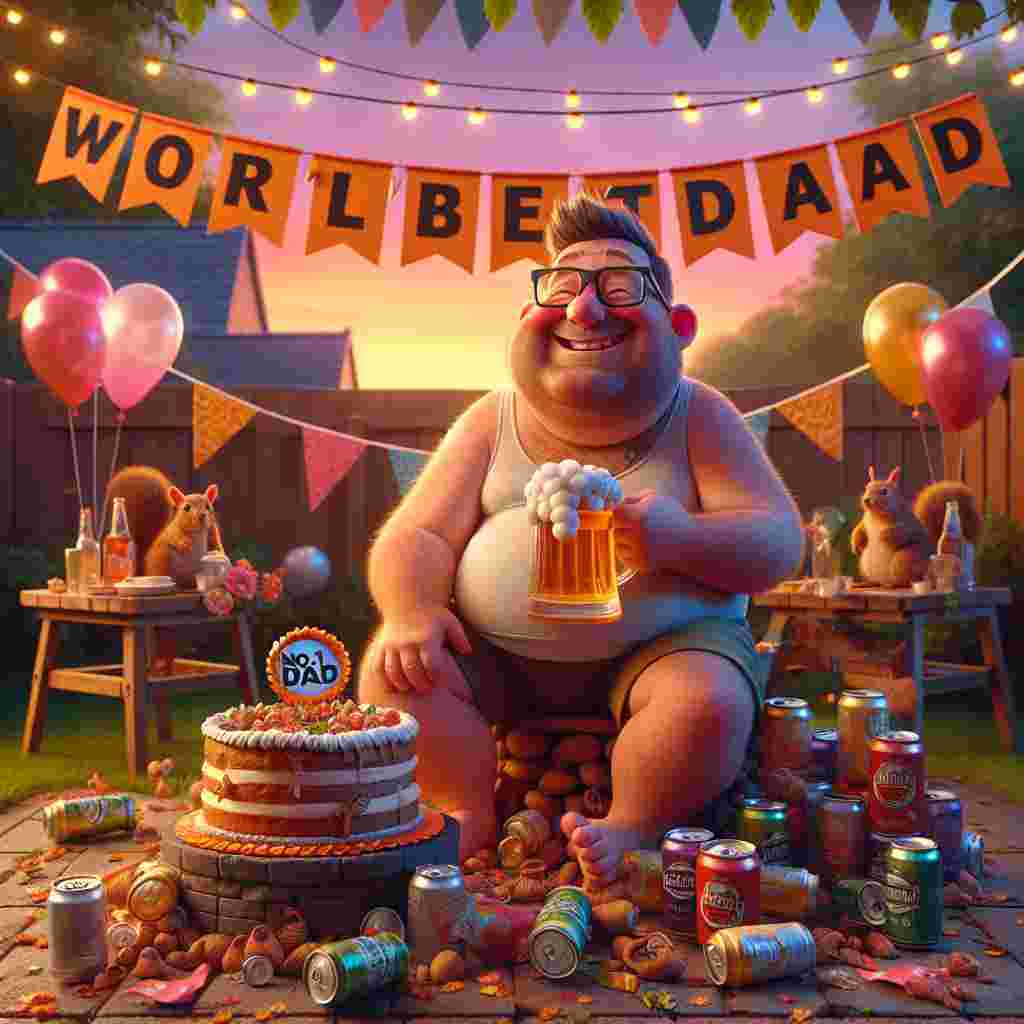 The image captures an idyllic backyard scene at sunset, abounding in warmth and merriment typical of a Father's Day celebration. A banner emblazoned with the words, 'World's Best Dad', dances merrily in the soft evening breeze. Amid a shower of streamers and a swarm of balloons of various hues, a jovial, chubby man with a stubble beard, glasses and a friendly smile is seated atop a humorous pile of empty beer cans. He cradles a 'No.1 Dad' trophy with utmost care and affection. A table nearby bears a lavish cake, its design reminiscent of a beer mug, complete with frothy detailing. A squirrel, its eyes brimming with curiosity, peaks from behind the beer can pile, infusing a delightful surprise into the wholesome tableau.
Generated with these themes: Fat balding man with glasses and stubble beard sitting on a pile of beer.
Made with ❤️ by AI.