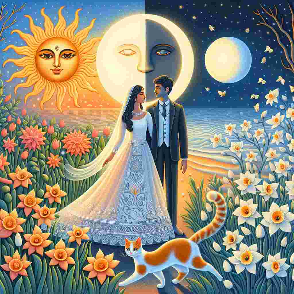 Create a dreamlike artwork representing a wedding in an Indian setting. The art features a bride and a groom of Indian descent at the center, basking under the light of a sun and a moon simultaneously that symbolize the wedding union with day and night merged together in the scene. The scenery also contains plentiful blooming daffodils, signifying fresh starts. Include a playful ginger and white cat winding between the couple's legs, which introduces a symbol of domestic happiness into the surreal scene.
Generated with these themes: Bride and groom , India, Daffodil , Sun , Moon, Ginger and white cat , and Wedding .
Made with ❤️ by AI.