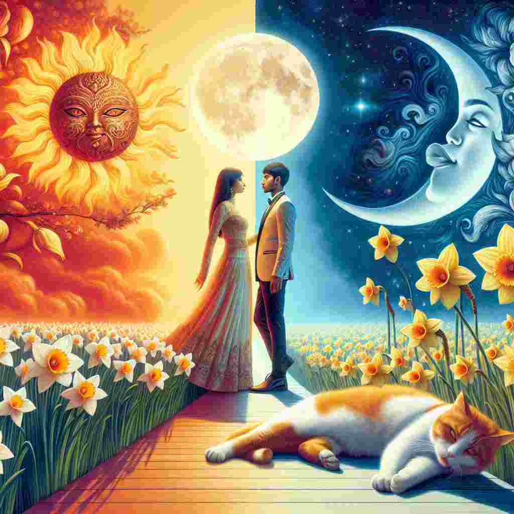 Create a surreal illustration of an ethereal Indian wedding. Imagine the sky split evenly between the peaceful moon on one side and the energetic sun on the other, symbolic of the yin and yang balance. The couple - a South Asian man and woman - stand together amidst a spread of daffodils, that hint at their shared dreams and aspirations. From a corner, a ginger and white colored cat comfortably stretches, its eyes shut in satisfaction. This fantastical scenery combines the conventional symbols of a wedding with a touch of surrealism and whimsy.
Generated with these themes: Bride and groom , India, Daffodil , Sun , Moon, Ginger and white cat , and Wedding .
Made with ❤️ by AI.