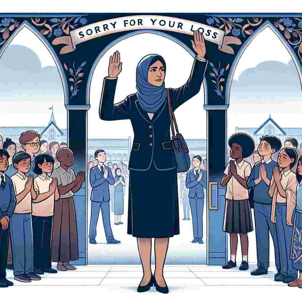 Create a heartfelt illustration featuring a South Asian teacher dressed in a navy uniform, standing at the entrance of a school, her hand raised gracefully in a wave of farewell. Surrounding her are students of diverse descents such as Caucasian, Middle-Eastern, Hispanic, and Black, showing glances of support and tinges of subdued smiles on their faces. Arched across the depicted sky, the phrase 'Sorry for your loss' is etched, symbolizing a collective moment of mourning and departure.
Generated with these themes: Sorry for your loss, School, Teacher, and Navy uniform.
Made with ❤️ by AI.