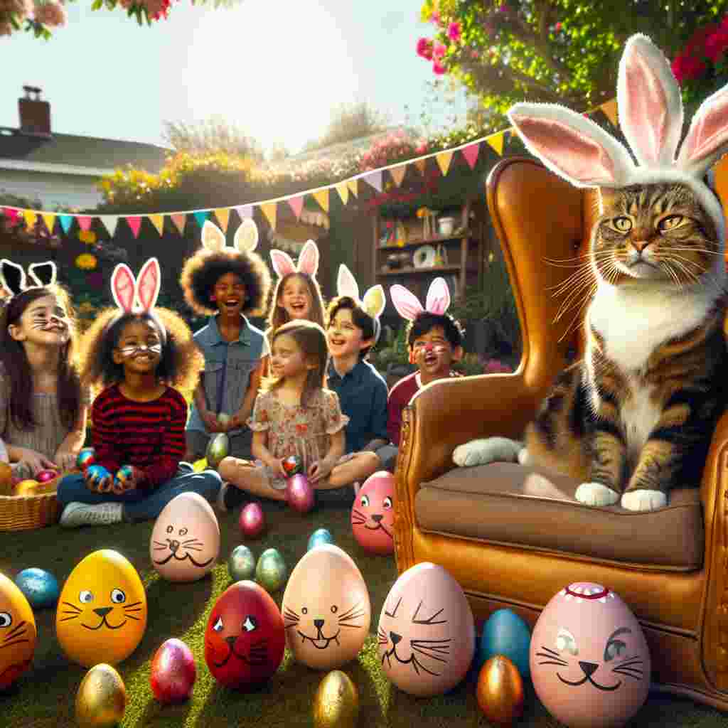 Imagine a funny Easter scene set in a sunlit backyard. A cat, endowed with exaggerated bunny ears, sits regally on a complexly decorated egg throne. The cat looks around its realm with amusement, surrounded by vibrantly colored eggs nestled in flowering gardens, some featuring amusing cat whisker designs. Children of diverse descents, Caucasian, Hispanic, Black, Middle-Eastern, and South Asian, characterized by gender diversity, engage enthusiastically in the egg hunt, their faces painted with matching whiskers. Every now and then, they glance towards the 'Easter Cat' in hopes of discerning clues.
Generated with these themes: Cat.
Made with ❤️ by AI.