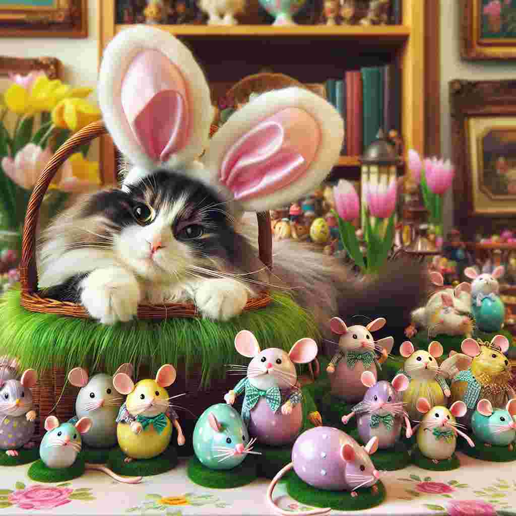 In a lively and enchanting room filled with playful trinkets, an endearing domestic cat parades with a set of pastel Easter bunny ears drooping humorously to each side. Surrounding the feline are various Easter eggs meticulously crafted to resemble miniature mice, equipped with tiny ears and tails, eliciting playful paws and curious sniffs from the fluffy creature. The cat, enjoying a leisurely lounge within a basket lined with tender green grass, occasionally swings at an egg, pushing it into a roll much to the glee of a group of joyful children of varying genders and descent, engaged in a fun-filled pursuit for the comically disguised Easter candies.
Generated with these themes: Cat.
Made with ❤️ by AI.