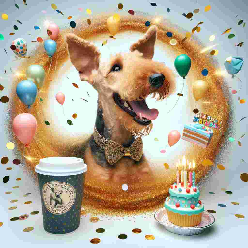 Generate an image illustrating a jovial Airedale Terrier with its tongue hanging out demonstrating joy, being enveloped within a whirlwind of radiant confetti. The dog is adorned with a tiny, high-quality neck collar signifying luxury. Adjacent to the dog is a fanciful to-go coffee cup festooned with miniature birthday balloons and cakes, thus perfectly complementing the celebratory ambiance.
Generated with these themes: Airedale terrier, Loewe, Laughing , and Take away coffee .
Made with ❤️ by AI.