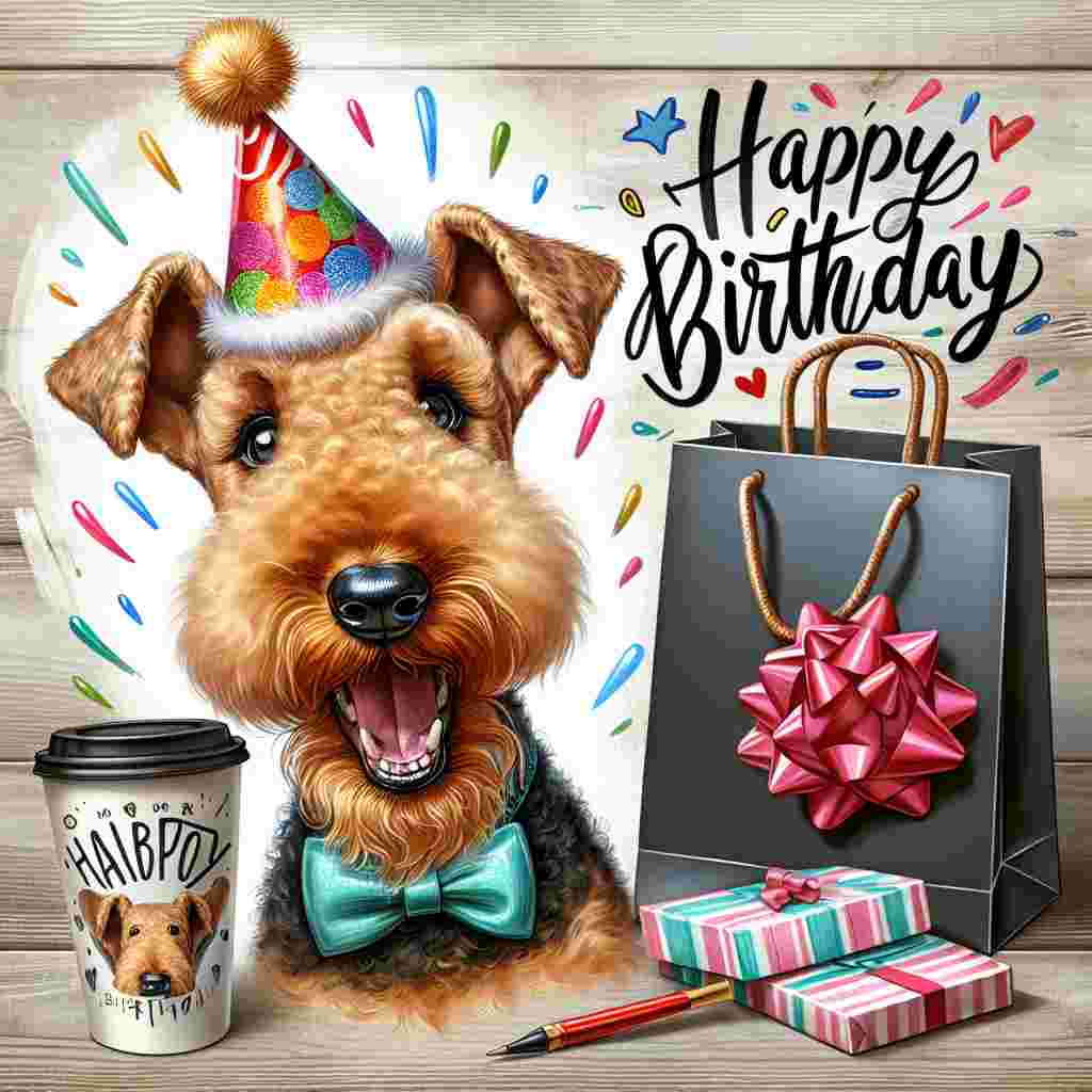 A charming Airedale Terrier is playfully drawn in the center of the birthday-themed image, with a brilliant festive hat on his head. Beside him is a high-fashion gift bag, decorated with festive colors. The Terrier's mouth is wide open, appearing as though he's laughing, and he's holding a cute takeaway coffee cup that has 'Happy Birthday' written in joyous calligraphy.
Generated with these themes: Airedale terrier, Loewe, Laughing , and Take away coffee .
Made with ❤️ by AI.