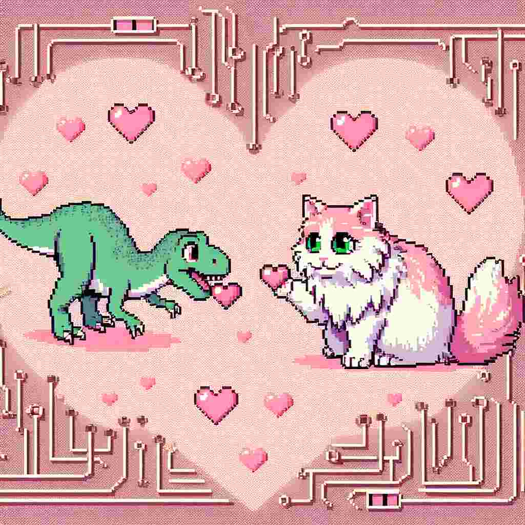 Create a cozy pixel art image that resembles a vintage video game, with a soft pink background filled with 8-bit hearts, ideal for Valentine's Day. Envision playful dinosaurs and a fluffy Turkish Van cat with captivating green eyes, exchanging heart-shaped tokens. They are set in an environment of circuit board pathways that wind and twist, creating an intricate labyrinth of digital love.
Generated with these themes: Retro video games, Dinosaurs, Turkish Van Cat with green eyes, and Circuit boards.
Made with ❤️ by AI.