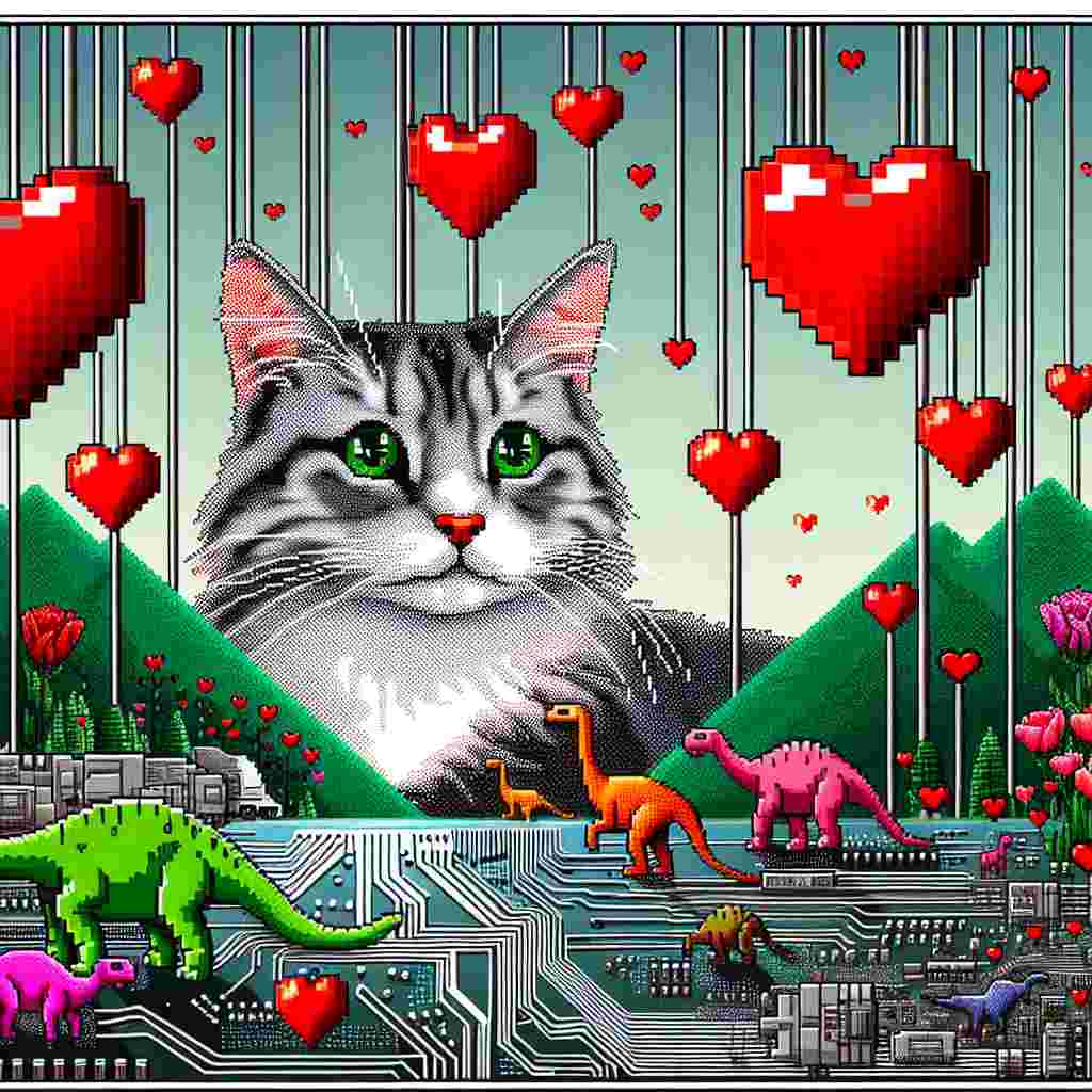 Create a Valentine's Day card that showcases the style of vintage arcade games. It displays blocky, pixelated hearts hovering over a landscape populated by vibrant, lively dinosaurs and a pixel-rendered Turkish Van cat, distinguished by its captivating green eyes. The entire tableau is interlaced with silver lines that resemble the complex designs of a circuit board, fostering a symbolic relationship between technology and eternal love.
Generated with these themes: Retro video games, Dinosaurs, Turkish Van Cat with green eyes, and Circuit boards.
Made with ❤️ by AI.