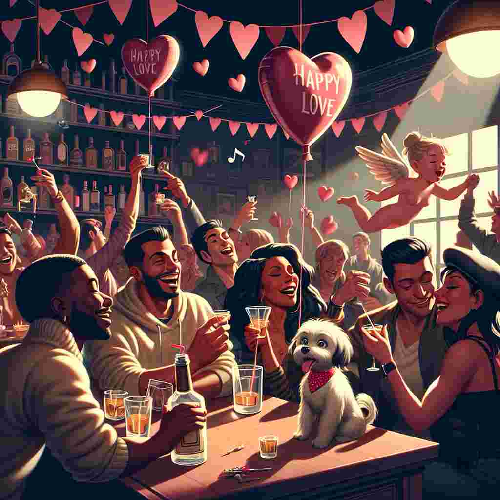 Imagine a comforting, romantically dim-lit bar on Valentine's Day, humming with people of various descents and genders engaging in celebration. In the vicinity, a Middle-Eastern man and a South Asian woman, their faces bright with amusement, are touching the rims of their tequila shot glasses together. Slightly away, a mixed group composed of a Black woman, a Caucasian man, and a Hispanic man are engrossed in a passionate singing session, symbols of hearts and musical notes emerging above their heads. A small excited dog, embellished with a minute, heart-shaped balloon attached to its collar, is bouncing cheerfully among the crowd. Up in the air, decorations inspired by the symbol of love, Cupid, accentuate the club vibe as a sense of affection permeates the atmosphere.
Generated with these themes: Clubbing, singing, tequila shots, small dog.
Made with ❤️ by AI.