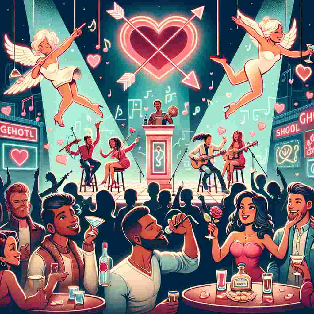Create a Valentine's Day themed illustration set inside a lively nightclub. The arrows of Cupid serve as neon signs directing towards the dance floor that is populated with diverse couples, deeply engrossed in the melodies of a sentimental tune. Simultaneously, two individuals, one a Black man and the other a Caucasian woman, are singing romantic songs on a diminutive karaoke stage. The stage is decorated with representations of hearts and musical notes. To the side of the action, a mixed group of Middle-Eastern and Hispanic individuals are enjoying tequila shots, raising their glasses in a toast to the concepts of love and camaraderie. Adding an element of charm is a small dog carrying a rose in its mouth, confidently navigating through the merry-makers.
Generated with these themes: Clubbing, singing, tequila shots, small dog.
Made with ❤️ by AI.