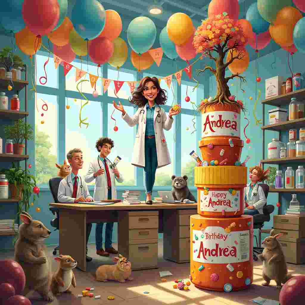 Picture a bustling, whimsical office scene inside a medical products reseller company, all aglow with festivity. The main focal point is a vibrant caricature of Andrea, the senior colleague, standing confidently at the center of a lively birthday celebration. Andrea, dressed in a crisp white lab coat adorned with colorful, exaggerated medical patches, stands atop a stack of oversized medical supply boxes labeled "Happy Birthday, Andrea!" Each box is detailed with whimsical icons, like stethoscopes, syringes, and band-aids, creating a playful atmosphere.

Surrounding Andrea, her colleagues, portrayed in a range of animated poses, are a blend of Norman Rockwell's expressive faces and Quentin Blake's sketchy, energetic lines. One colleague, balancing a towering cake shaped like a gigantic pill bottle, teeters precariously. Another holds up a comically large birthday card decorated with Beatrix Potter-inspired illustrations of bunnies and bears in medical gear.

Behind them, the office is alive with activity. Shelves packed with quaintly labeled jars and boxes, reminiscent of Gustave Doré's intricate details, line the walls. Maurice Sendak-style creatures, maybe friendly, chubby dragons with stethoscopes, weave playfully around the employees' feet, adding a touch of magical realism.

Overhead, a string of banners and balloons, illustrated in the dreamy, luminous hues of Maxfield Parrish, sway gently, each balloon humorously shaped like various medical items – a heart, a kidney, a pair of lungs. Edward Gorey-inspired black-and-white doodles of mischievous little creatures peek out from behind the desk, adding a touch of the unexpected.

On a corner desk, an Arthur Rackham-esque tree grows from a pot, with branches forming the words "Senior Specialist Extraordinaire!" in twisted, gnarled script. Small woodland animals, illustrated in the gentle, natural style of Beatrix Potter, help tie tiny bows and hang mini banners, infusing a quaint, storybook charm.

In the background, windows open to a fantastical, N.C. Wyeth-inspired landscape of rolling hills and skies, where nurses ride unicorns carrying medical supplies, adding a final touch of enchantment to the scene.

This is a jubilant, intricate scene, filled with playful nods to Andrea's role and her esteemed position, making it the perfect birthday celebration captured in art.
Generated with these themes: Her name is Andrea, Is my colleague in a medical products reseller company, and She is senior.
Made with ❤️ by AI.