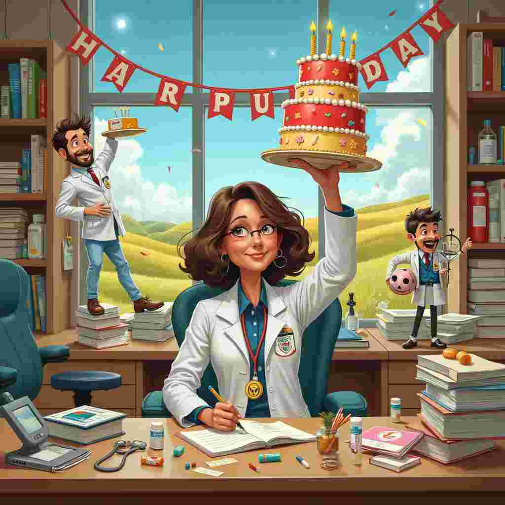 The scene takes place in a whimsical and bustling office environment, where Andrea's desk is the centerpiece. Picture a quirky, playful rendition of a modern medical products reseller company. Andrea's desk is an organized chaos, filled with whimsical medical products like colorful bandages, comically oversized syringes (with harmless liquid of course), and cheerful pill bottles with smiley faces.

Andrea herself is drawn in a style reminiscent of Norman Rockwell's detailed and expressive characters, but with a twist of Quentin Blake's playful lines. She's wearing a lab coat adorned with badges and pins, symbolizing her seniority and achievements, with a slightly exaggerated yet kind smile, similar to a Beatrix Potter character.

Around her desk, colleagues are depicted in a Maurice Sendak-inspired lively manner, engaging in humorous office antics. One colleague, balancing on a stack of oversized medical product boxes, attempts to hand Andrea a hilariously large birthday cake decorated with medical-themed fondant designs - think stethoscopes, thermometers, and tiny pill bottles. Another colleague, dressed as a doctor in an Edward Gorey-esque exaggerated manner, holds up a giant birthday card, grinning mischievously.

In the background, the office is depicted in a bustling yet charming Arthur Rackham style, with shelves lined with more medical supplies and whimsical decorations, like a skeleton model wearing a party hat and a celebratory banner with "Happy Birthday, Andrea!" hanging lopsidedly above.

To the left of Andrea's desk, a whimsical caricature of the company logo is displayed prominently, blending seamlessly with Maxfield Parrish-inspired, colorful, dreamy backdrops of rolling hills and a clear sky seen through the large office windows.

This scene is a blend of detailed realism and quirky fantasy, bringing together elements from each inspired artist to create a unique, humorous, and detailed birthday celebration for Andrea, perfectly capturing the essence of her seniority and the medical products reseller environment.
Generated with these themes: Her name is Andrea, Is my colleague in a medical products reseller company, and She is senior.
Made with ❤️ by AI.