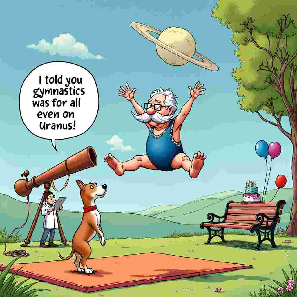 On the front cover of this quirky birthday card, the scene is set in a whimsical park that looks like it leaped straight out of a Charles Schulz strip, with rolling hills, a few flowering trees, and a clear blue sky dotted with a few fluffy clouds. In the center of the scene is a brightly colored gymnastics mat, where an elderly man with a thick, gray mustache, furrowed brows, and glasses that sit askew on his nose is attempting an ambitious gymnastics routine. He’s in mid-air, performing a split jump with surprising grace given his age, sporting a blue leotard with silver sequins, looking both determined and somewhat flustered.

To his right, there's a dog that looks suspiciously like a mix between a beagle and a terrier, complete with a red bandana around its neck. The dog is standing on its hind legs, mimicking the elderly man's gymnastics pose with an exaggeratedly serious expression, one ear flopping down while the other stands straight up.

In the background, an enormous telescope is pointed towards the sky, but instead of being focused on a star, it’s aimed at the planet Uranus, which is unusually large and cartoonishly detailed with rings and moons. Next to the telescope stands a young, sprightly scientist in a lab coat, holding a clipboard and looking utterly perplexed at the sight of the elderly man and the dog. The telescope has a comically oversized lens, reminiscent of something from a Gary Larson cartoon.

On the ground near the mat, there’s a speech bubble coming from an unseen character, just off-frame, saying, "I told you gymnastics was for all ages, even on Uranus!"

The park bench off to the side has a partially-eaten birthday cake on it, with a large number of candles spilling over the edges, suggesting it's for a very significant birthday. Streamers and balloons are tied to the back of the bench, with one balloon shaped like the planet Uranus.

This card cover combines the charm and simplicity of Schulz with the bizarre humor of Gary Larson, creating a scene that’s detailed, lively, and ripe for laughter.
Generated with these themes: Dog , Curmudgeon, Uranus, Elderly, and Gymnastics.
Made with ❤️ by AI.