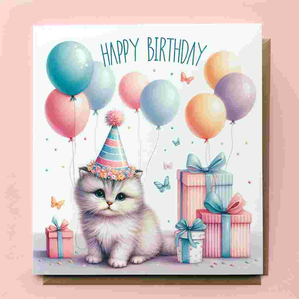 A charming birthday card featuring a playful Ukrainian Levkoy cat wearing a colorful party hat amidst floating balloons and gifts. The text 'Happy Birthday' is elegantly scripted above the scene, with soft pastel colors enhancing the joyful atmosphere.
Generated with these themes: Ukrainian Levkoy Birthday Cards.
Made with ❤️ by AI.