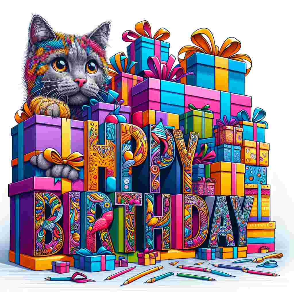 A cute birthday card illustration that captures a Ukrainian Levkoy cat playfully peeking out from behind a pile of birthday presents, with 'Happy Birthday' integrated into the design as if etched on the wrapping paper in fun, vibrant fonts.
Generated with these themes: Ukrainian Levkoy Birthday Cards.
Made with ❤️ by AI.